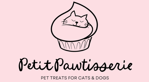 Logo of Petit Pawtisserie with a cat inside a cupcake on a pink background - handmade Pet Treats for cat and dogs
