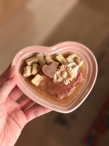 A pink heart-shaped bowl filled with brown and beige pet food, a brown heart-shaped treat, and a pink flower-shaped pet treat.